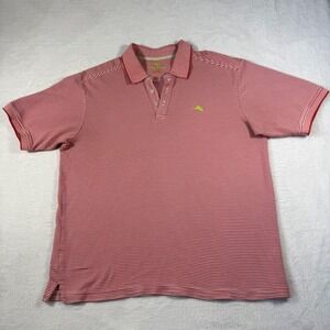 Tommy Bahama Mens Large Red White Striped Polo Shirt Marlin Logo Short Sleeve